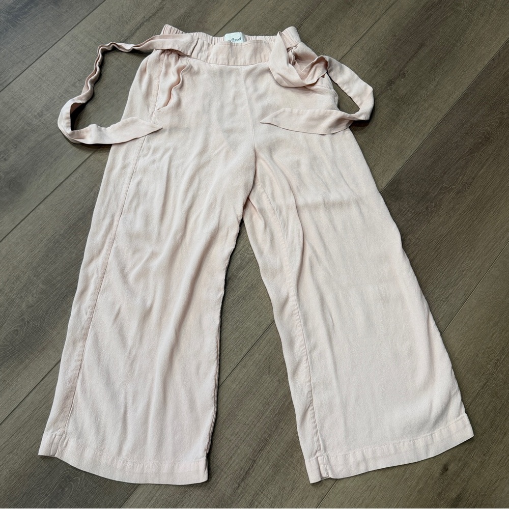 Aritzia Wilfred Pants Women XS Pink High Rise Crepe Wide Leg Belted 32” Crop - Picture 4 of 10